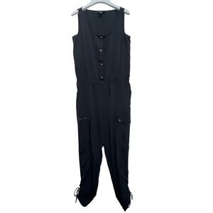 Lauren Ralph Lauren Charmeuse Sleeveless Cargo Snap Front Black Utility Jumpsuit